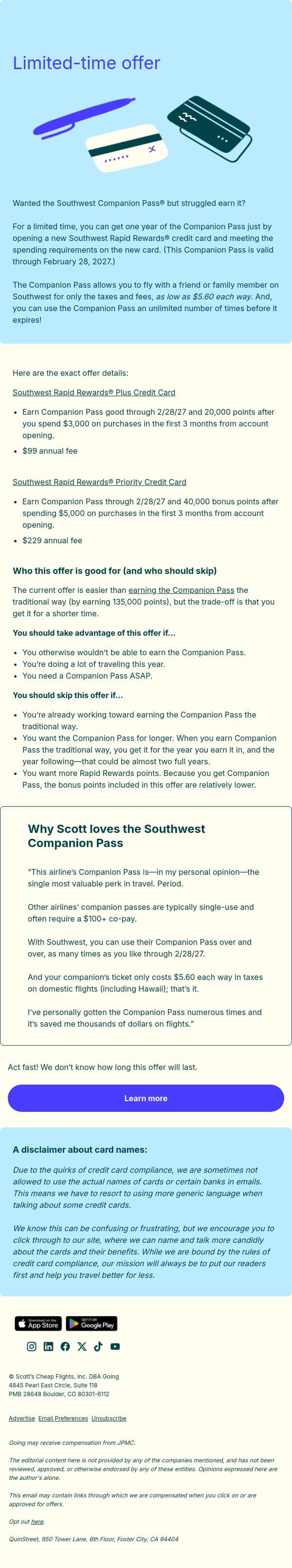 Limited-time offer: Get one year of Southwest Companion Pass email from Going screenshot