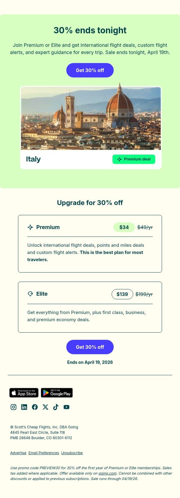⏱️ Your last chance at 30% off email from Going screenshot
