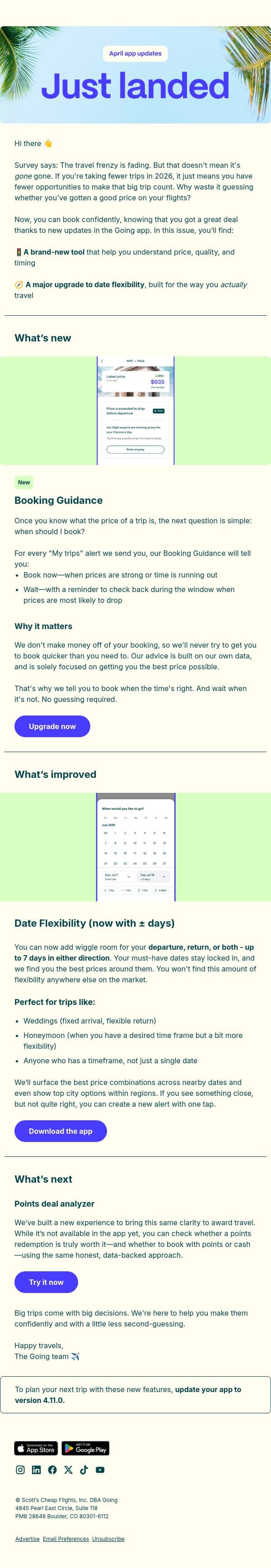 Just Landed | Book with confidence 👍 email from Going screenshot