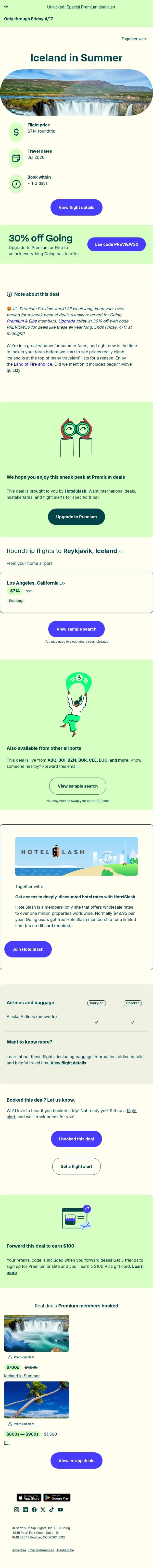 🤩 *free bags* Iceland in Summer — $714 (Jul) email from Going screenshot