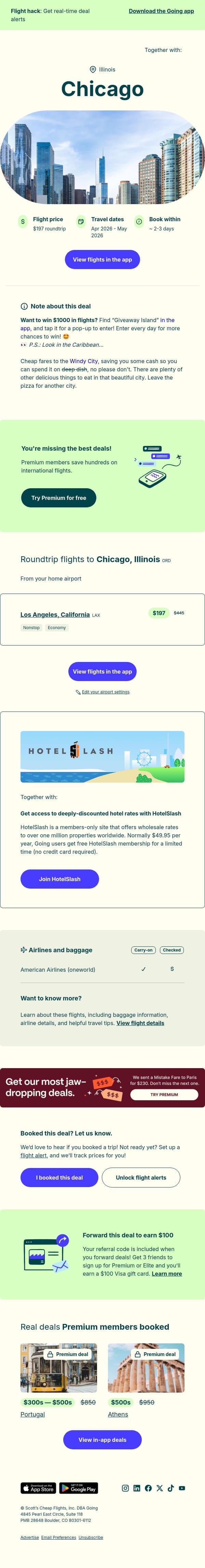 🏙️ Chicago — $197 (Apr-May) email from Going screenshot