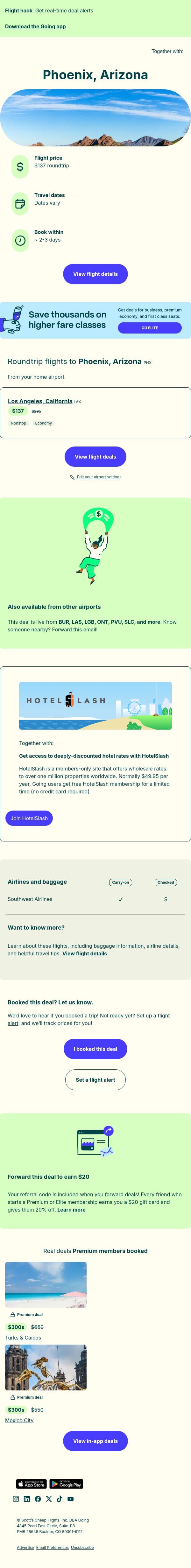 🏜️ Phoenix / Grand Canyon — $137 (May-Jun / Aug-Sep) email from Going screenshot