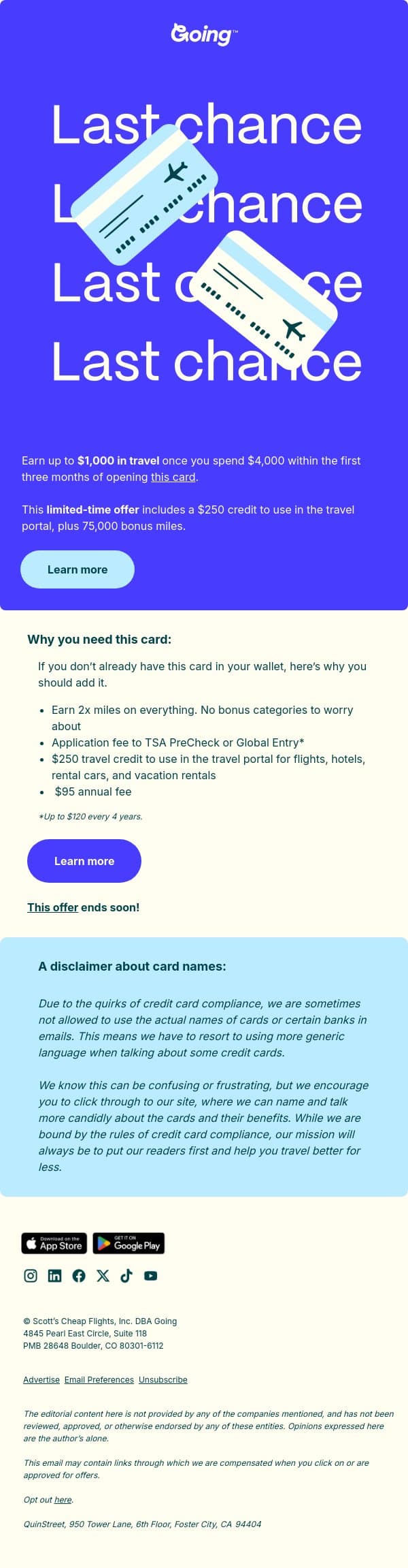 Ending soon: Up to $1,000 in travel email from Going screenshot