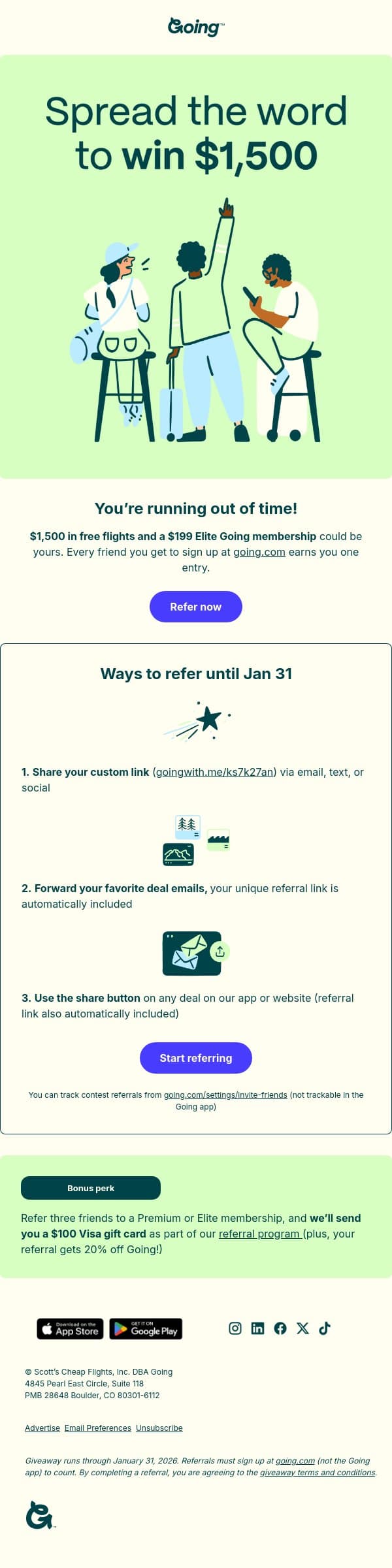 Don’t miss a chance to win $1,500 in flights email from Going screenshot