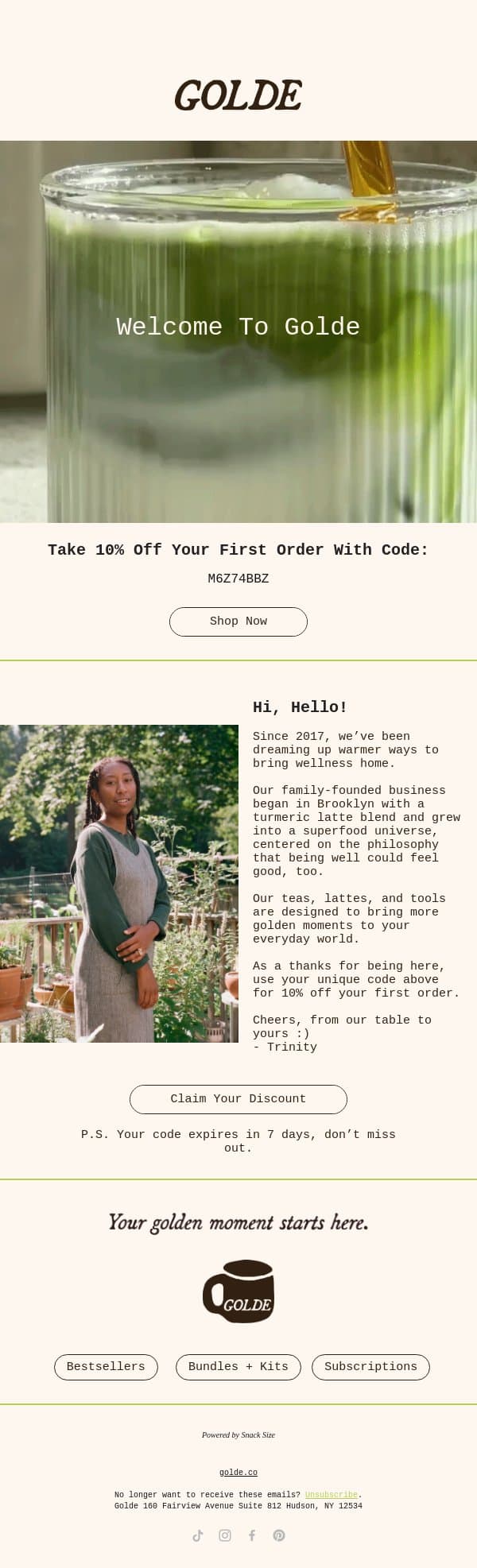 Start with 10% off email from Golde screenshot
