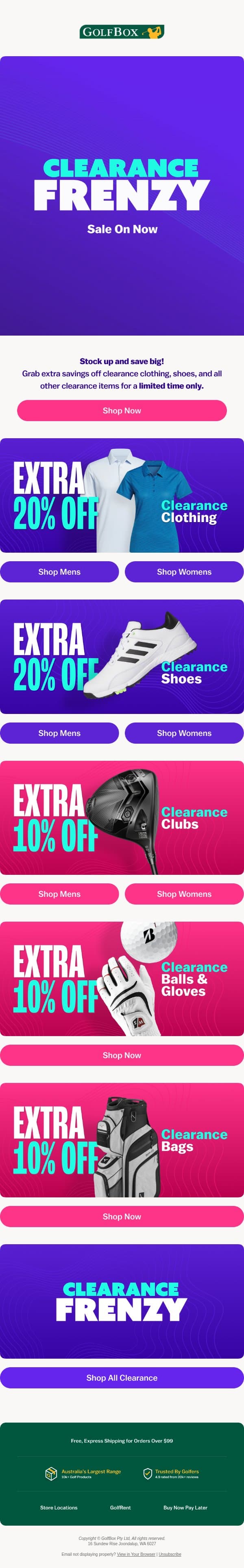 🚨 Clearance Frenzy On Now 🚨 email from GolfBox screenshot