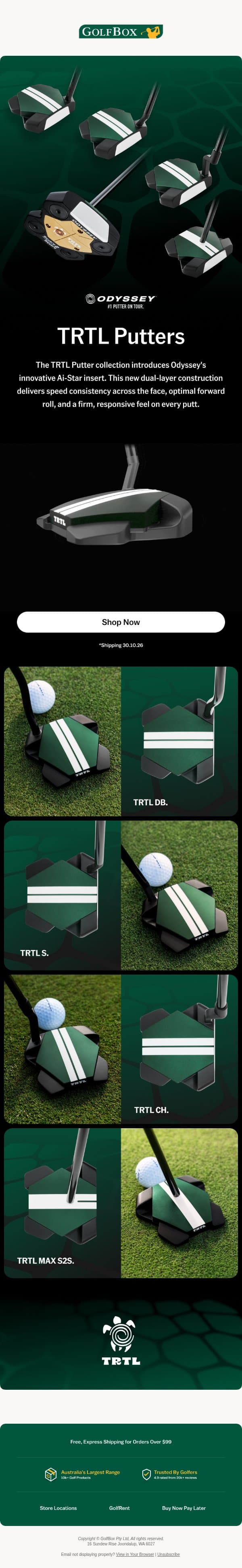 Just Landed: Odyssey TRTL Putters 🐢 email from GolfBox screenshot