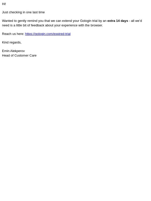 Final reminder about your Trial email from GoLogin screenshot