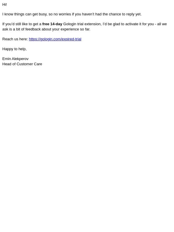 We’ve added 2 more weeks to your Trial email from GoLogin screenshot