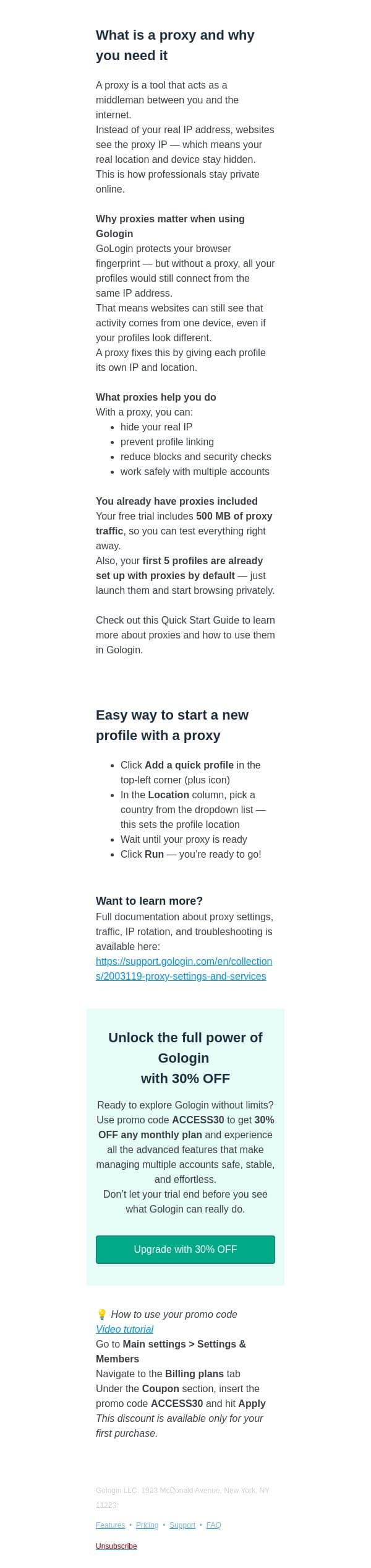 Protect your privacy with built-in proxies in Gologin email from GoLogin screenshot