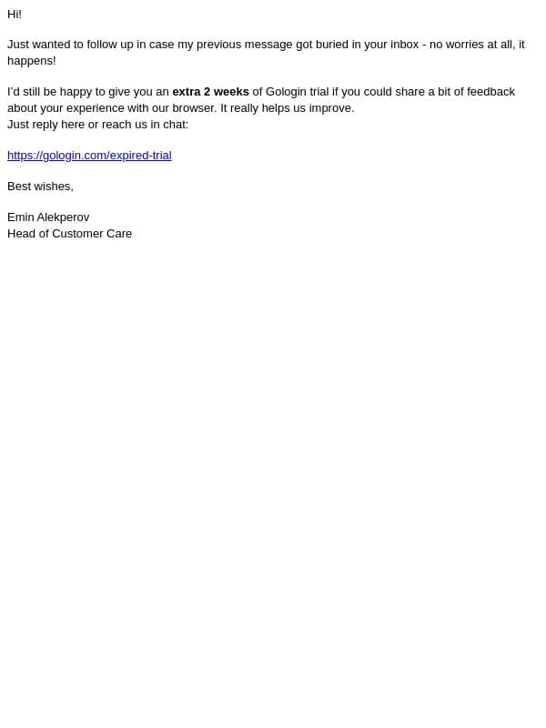 Thought you might need a bit more time - 2 extra weeks added email from GoLogin screenshot
