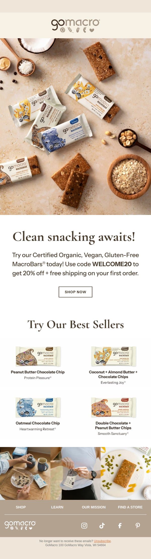 Enjoy 20% Off + Free Shipping! email from GoMacro screenshot