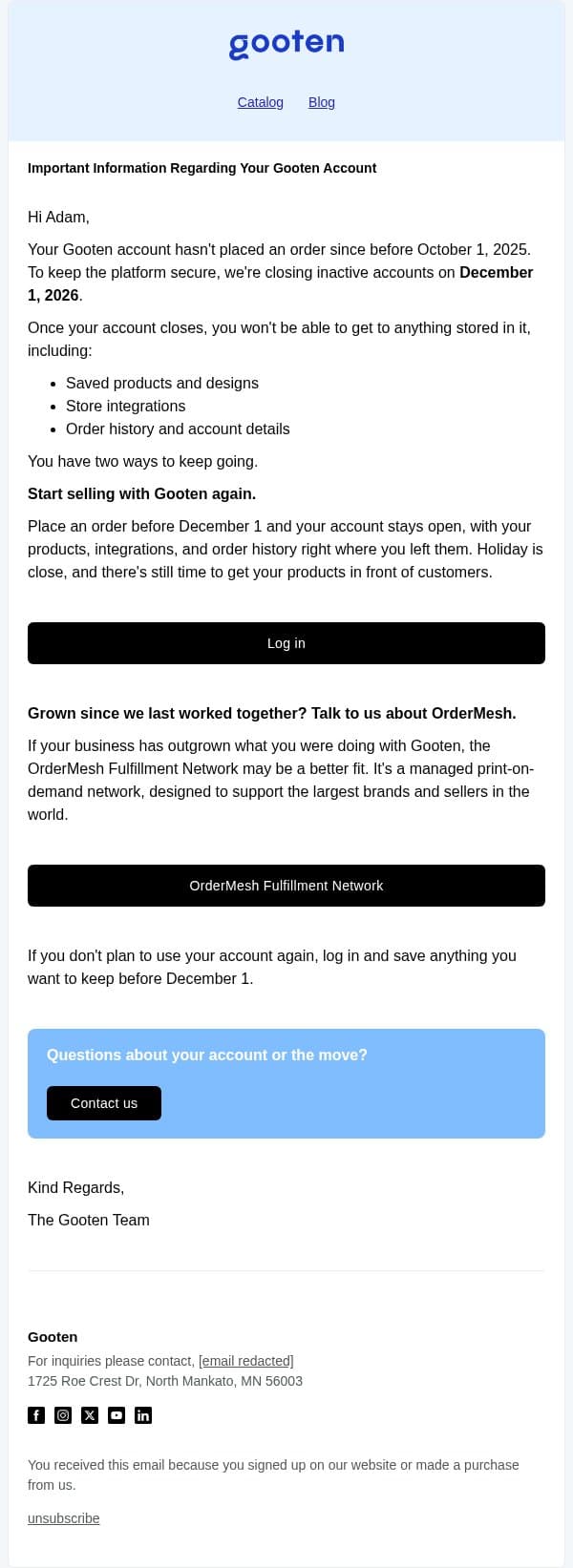 Your Gooten account closes December 1 email from Gooten screenshot