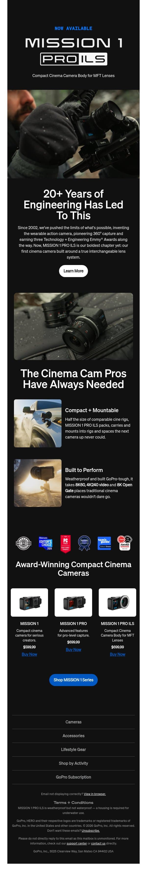 Mission 1 Pro ILS is Now Available email from GoPro screenshot