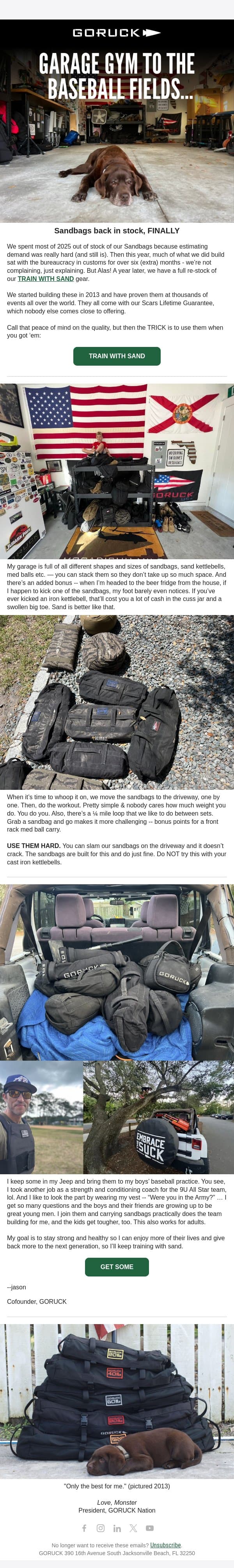 GARAGE GYM TO THE BASEBALL FIELDS… email from GoRuck screenshot