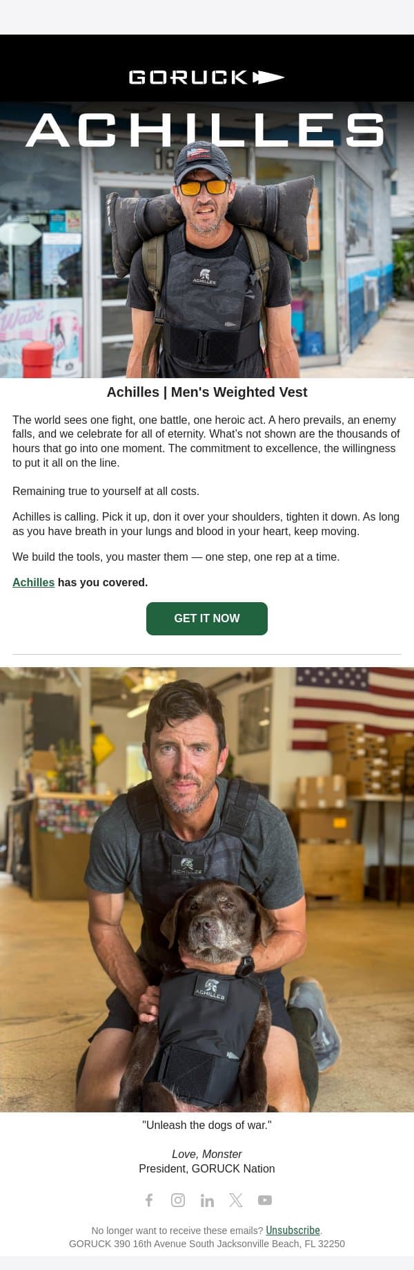 Achilles is calling. email from GoRuck screenshot