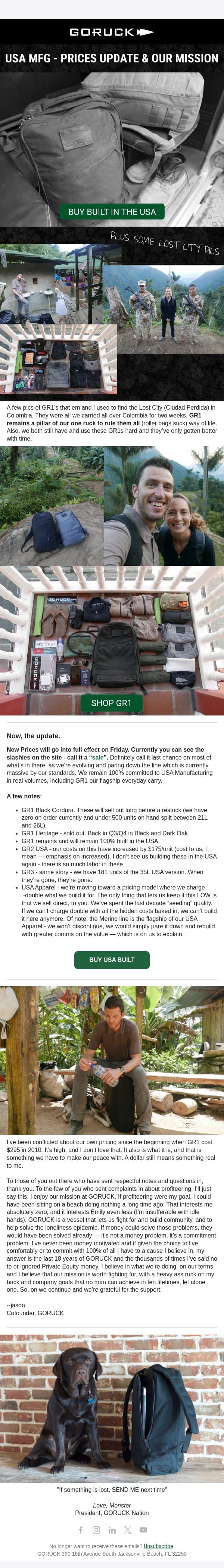 USA MFG - PRICES UPDATE & OUR MISSION email from GoRuck screenshot