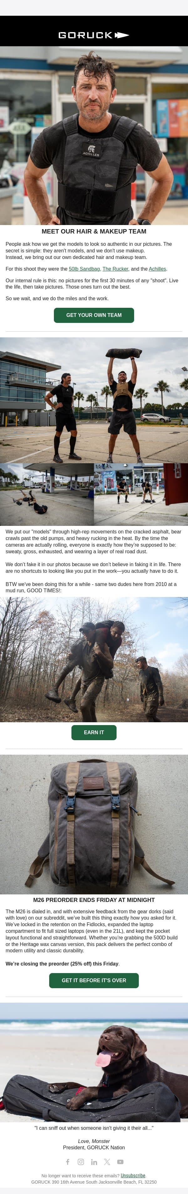 HAIR & MAKEUP / GEAR ROUND-UP email from GoRuck screenshot