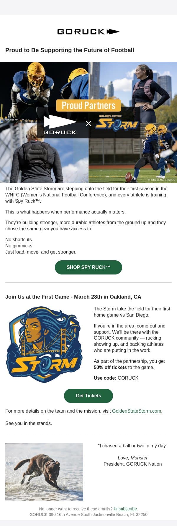 Pro Football Team Stronger with the Best Gear! email from GoRuck screenshot