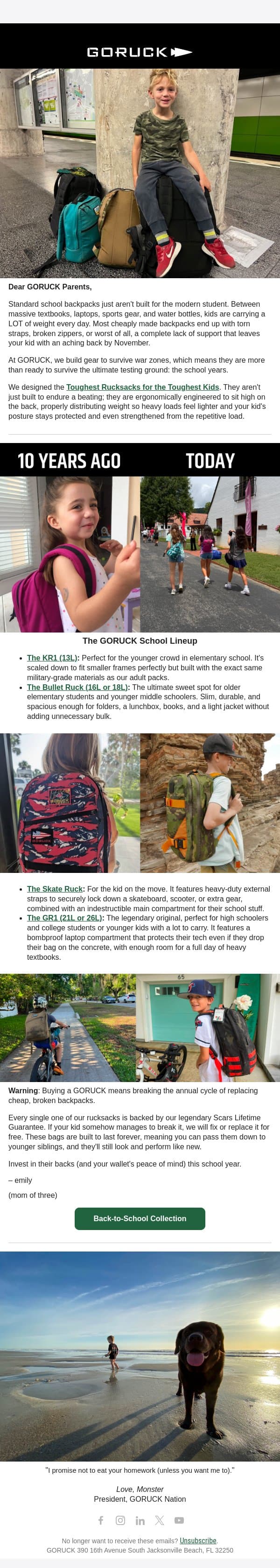 The last school backpack you’ll ever buy.(Guaranteed.) email from GoRuck screenshot