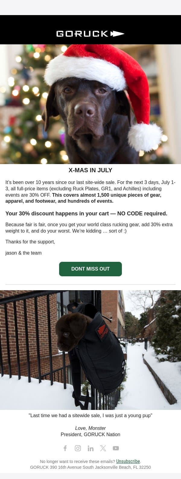 X-MAS IN JULY - LIVE NOW email from GoRuck screenshot