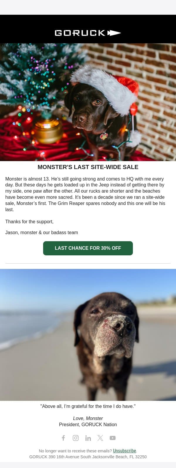 Today is the final day of our X-Mas site-wide sale - 30% OFF. email from GoRuck screenshot