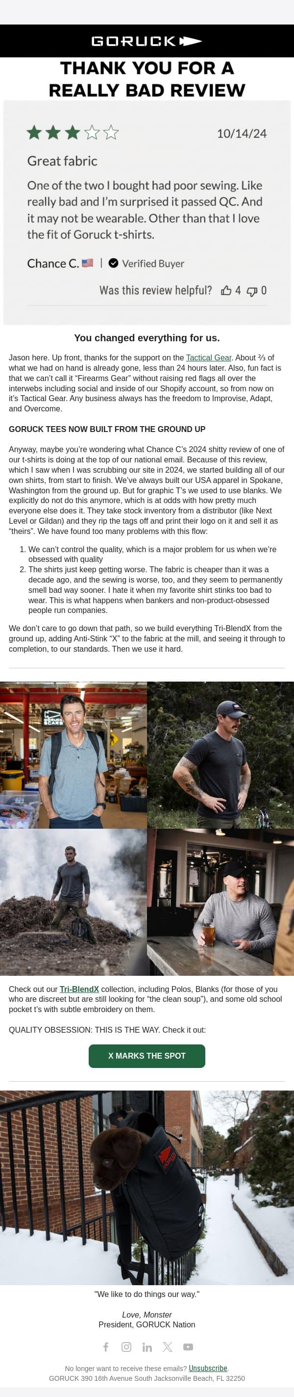 THANK YOU FOR A REALLY BAD REVIEW email from GoRuck screenshot