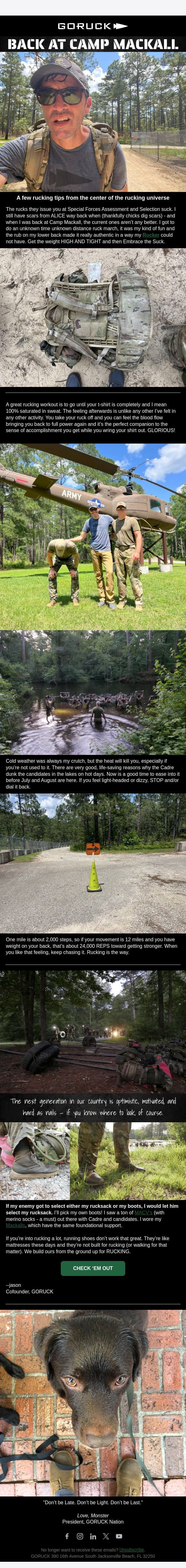 BACK AT CAMP MACKALL email from GoRuck screenshot