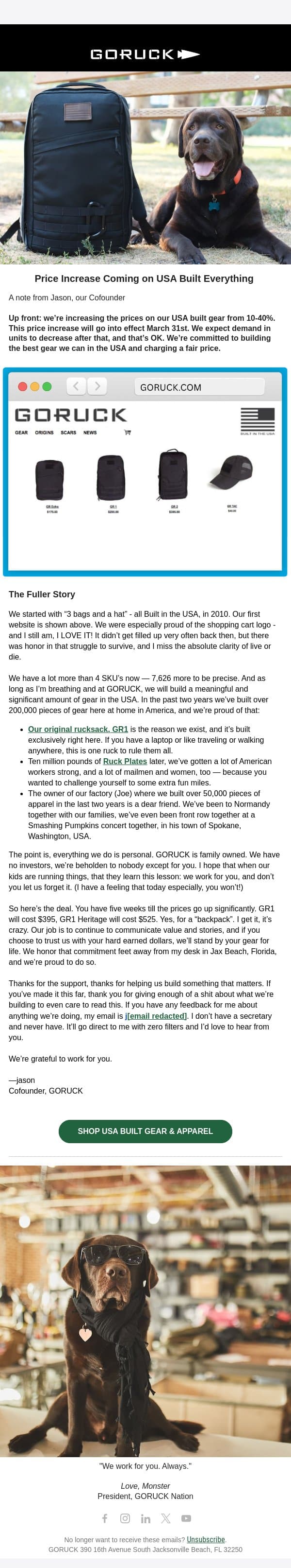 Price increase coming on USA built everything email from GoRuck screenshot