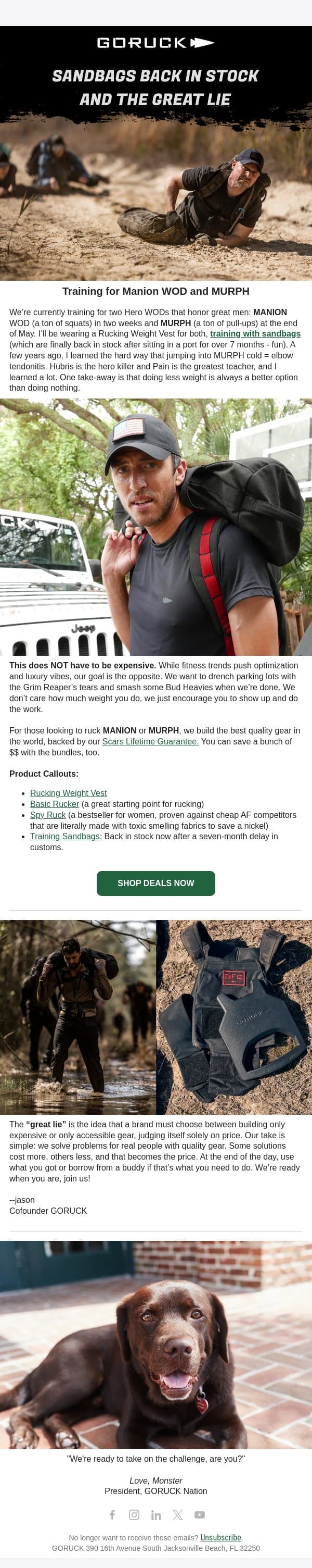 SANDBAGS BACK IN STOCK, AND THE GREAT LIE email from GoRuck screenshot