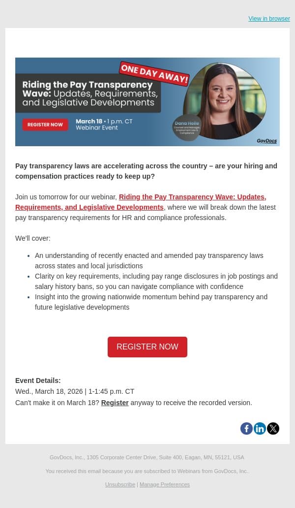 One Day Away! Register Now Before It's Too Late email from GovDocs screenshot