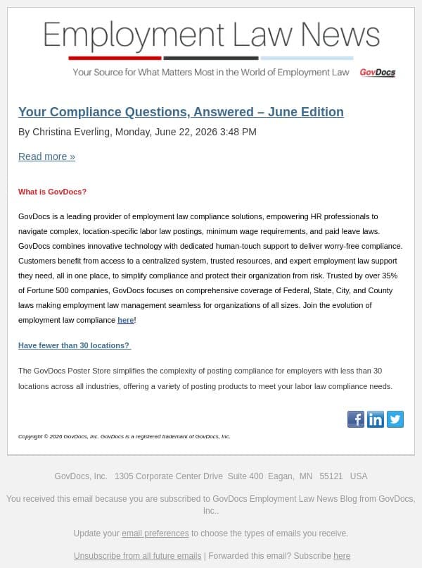 Your Compliance Questions, Answered – June Edition email from GovDocs screenshot