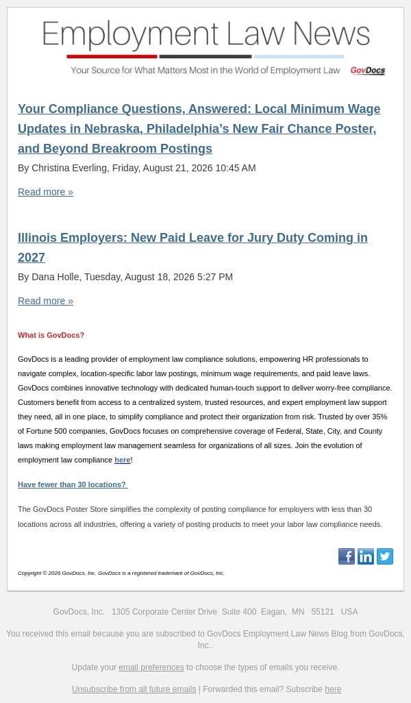 Your Compliance Questions, Answered: Local Minimum Wage Updates in Nebraska, Philadelphia’s New Fair Chance Poster, and Beyond Breakroom Postings email from GovDocs screenshot