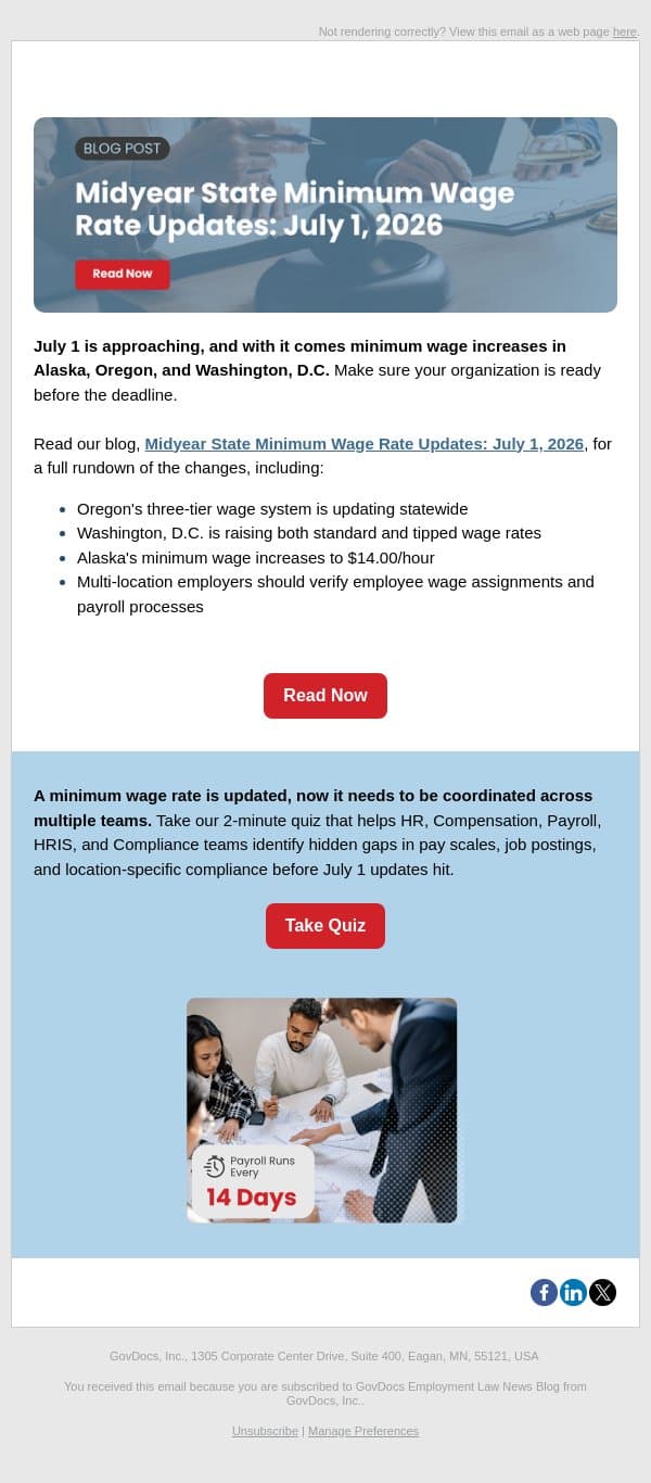 Minimum Wage Updates Are Coming July 1 email from GovDocs screenshot