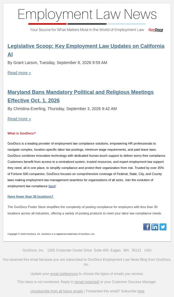 Legislative Scoop: Key Employment Law Updates on California AI email from GovDocs screenshot