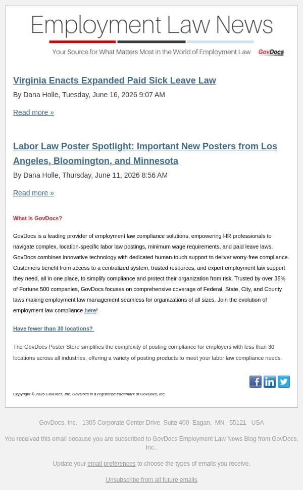 Virginia Enacts Expanded Paid Sick Leave Law email from GovDocs screenshot