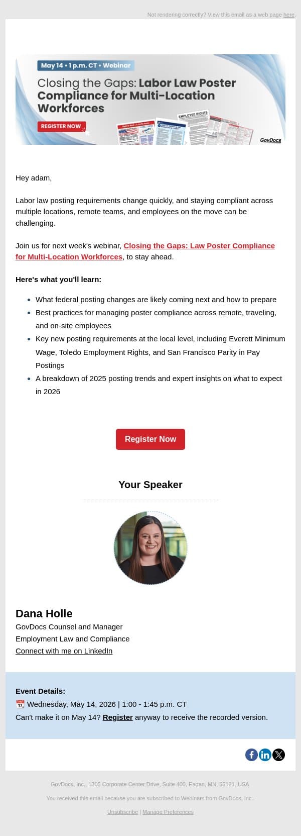 [Don't Miss Out] Labor Law Poster Compliance Webinar email from GovDocs screenshot