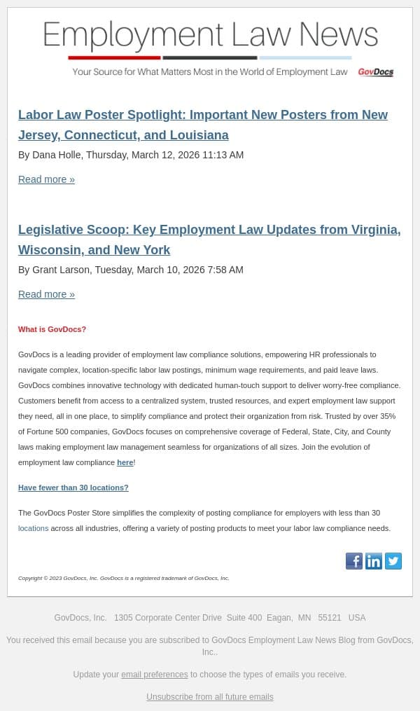 Labor Law Poster Spotlight: Important New Posters from New Jersey, Connecticut, and Louisiana email from GovDocs screenshot