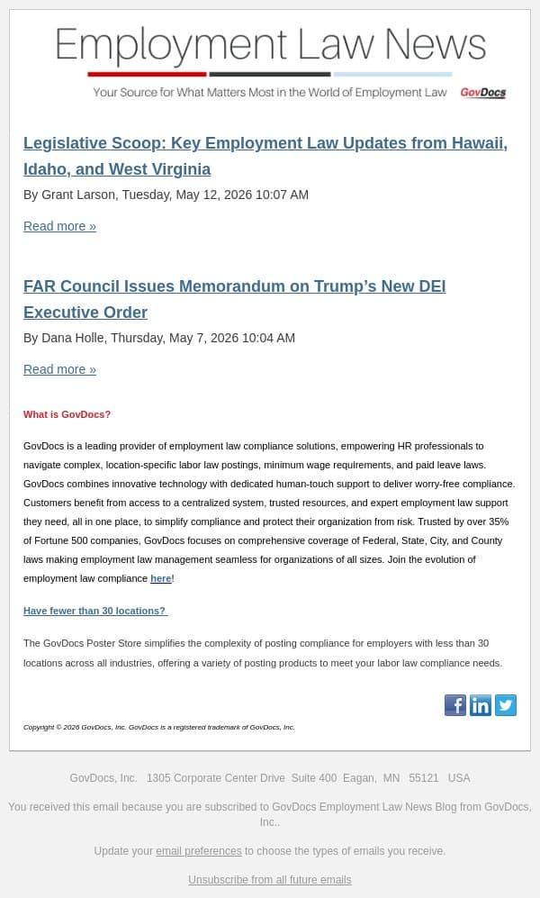 Legislative Scoop: Key Employment Law Updates from Hawaii, Idaho, and West Virginia email from GovDocs screenshot
