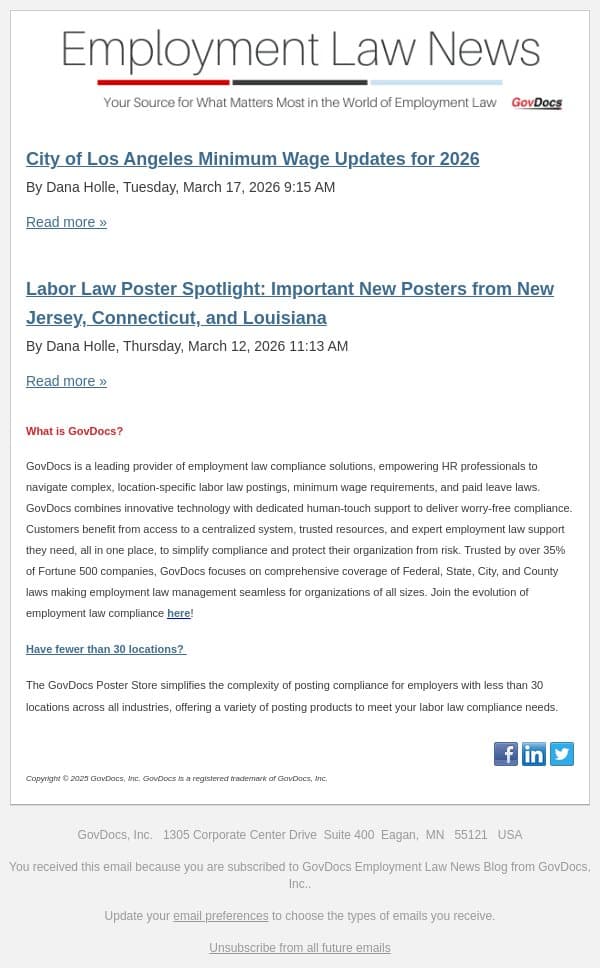 City of Los Angeles Minimum Wage Updates for 2026 email from GovDocs screenshot