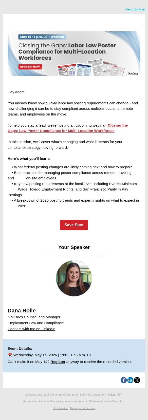 [Webinar] Closing the Gaps: Labor Law Poster Compliance email from GovDocs screenshot