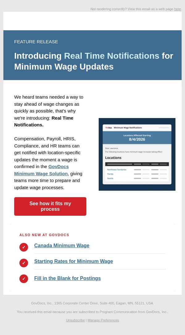 New Real Time Minimum Wage Notifications in GovDocs email from GovDocs screenshot