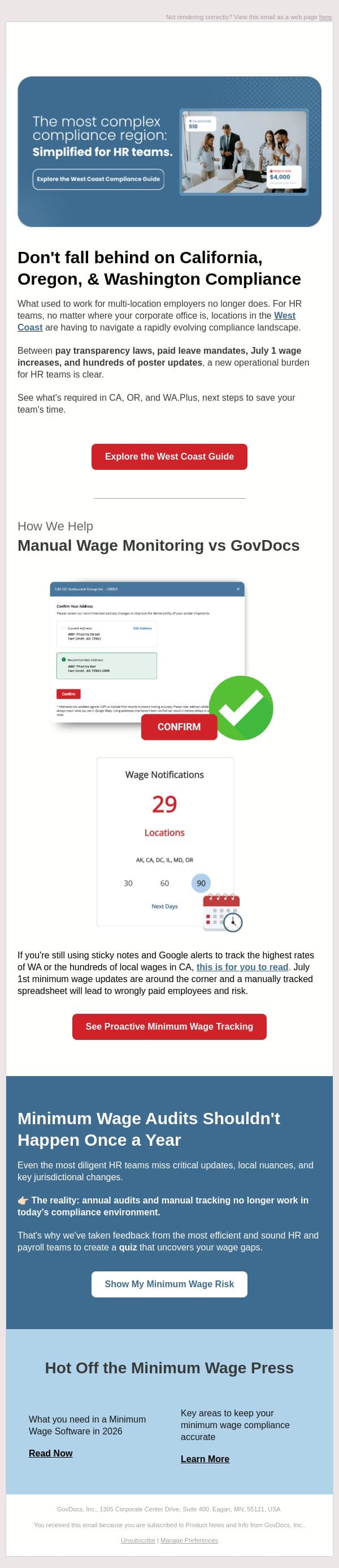 Minimum wage updates won't wait for you! email from GovDocs screenshot
