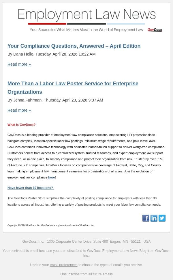 Your Compliance Questions, Answered – April Edition email from GovDocs screenshot