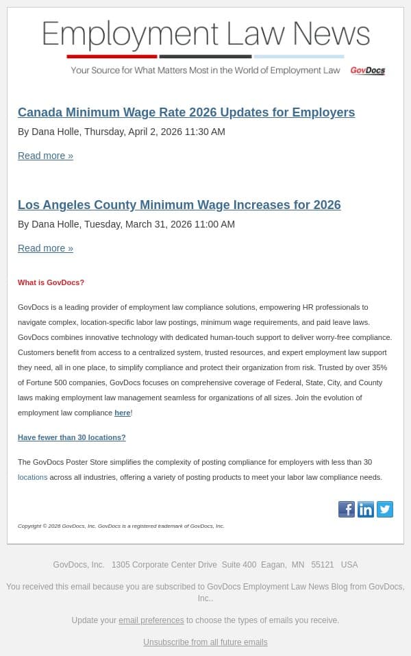 Canada Minimum Wage Rate 2026 Updates for Employers email from GovDocs screenshot