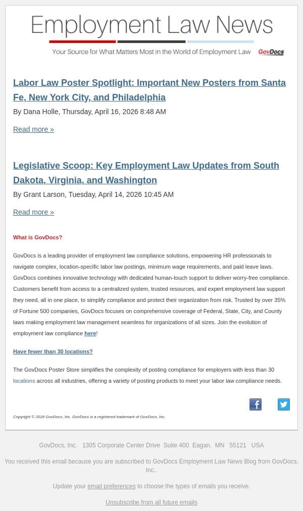 Labor Law Poster Spotlight: Important New Posters from Santa Fe, New York City, and Philadelphia email from GovDocs screenshot