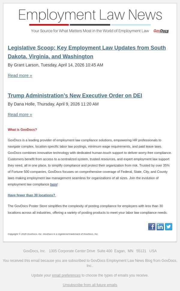 Legislative Scoop: Key Employment Law Updates from South Dakota, Virginia, and Washington email from GovDocs screenshot