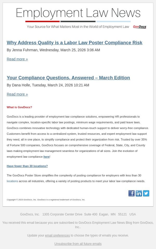 Why Address Quality is a Labor Law Poster Compliance Risk email from GovDocs screenshot