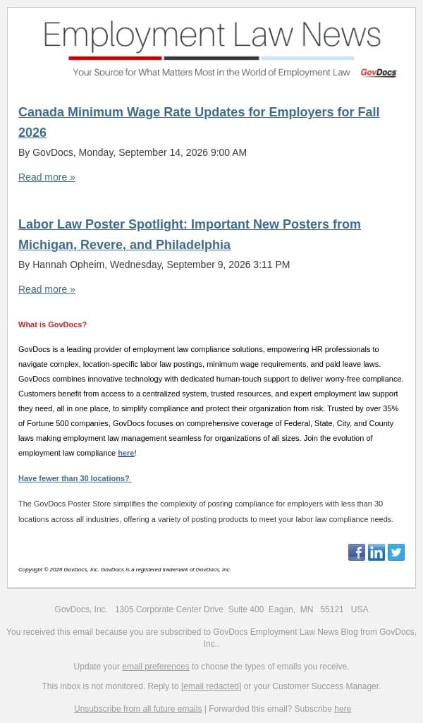 Canada Minimum Wage Rate Updates for Employers for Fall 2026 email from GovDocs screenshot