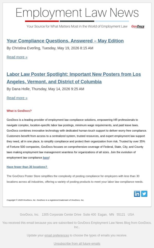 Your Compliance Questions, Answered – May Edition email from GovDocs screenshot